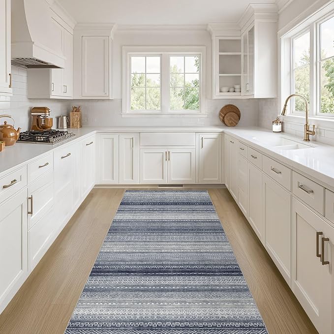 Nakagishi Area Rug Living Room Rugs: 2X6 Machine Washable Boho Large Neutral Farmhouse Stain Resistant Moroccan Indoor Floor Carpet for Bedroom Nursery Dorm Dining Room Home-Denim Blue