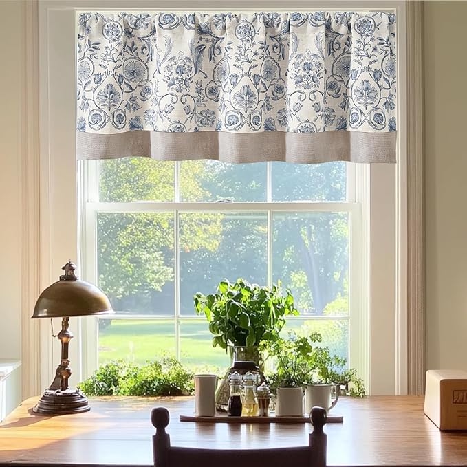 jinchan Linen Valance Kitchen Curtain for Windows Double Layer 18 Inch for Living Room Bedroom Window Treatment Light Filtering Vintage Rustic Farmhouse Cottagecore Rod Pocket 1 Panel Blue on Beige