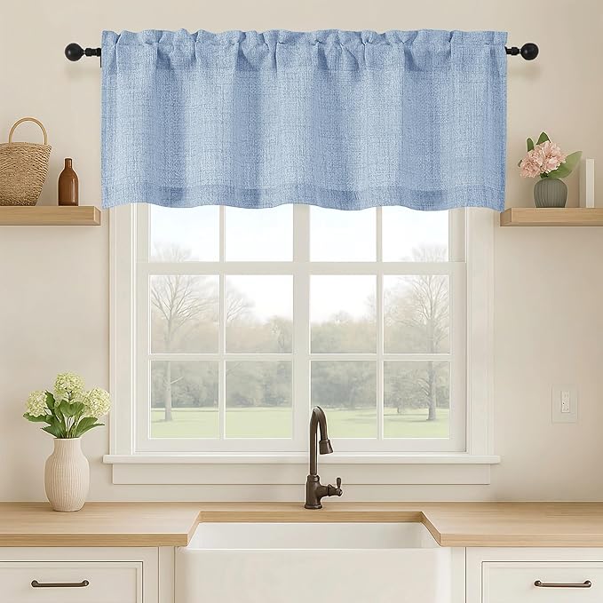 OVZME Valance for Windows, Light Filtering Faux Linen Textured Small Kitchen Valances for Windows, Dual Rod Pocket Farmhouse Short Curtain for Bathroom Basement, 52Wx18L inch, 1 Piece, Demin Blue