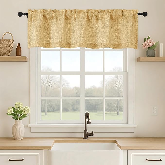 OVZME Valance for Windows, Light Filtering Faux Linen Textured Small Short Valance Kitchen Curtain, Dual Rod Pocket Top Short Window Curtain for Bathroom Basement Farmhouse, 52Wx14L Inch, Gold
