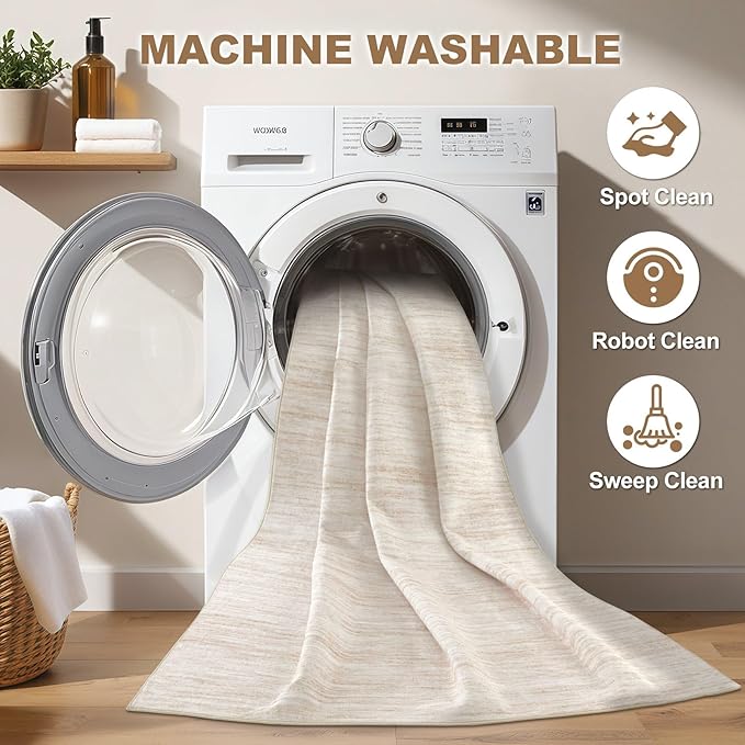 Nakagishi 8X10 Area Rugs Living Room: Washable Large Vintage Rug Neutral Non-Slip Soft Stain Resistant Indoor Carpet for Bedroom Nursery Dining Room Office Playroom - Beige-01