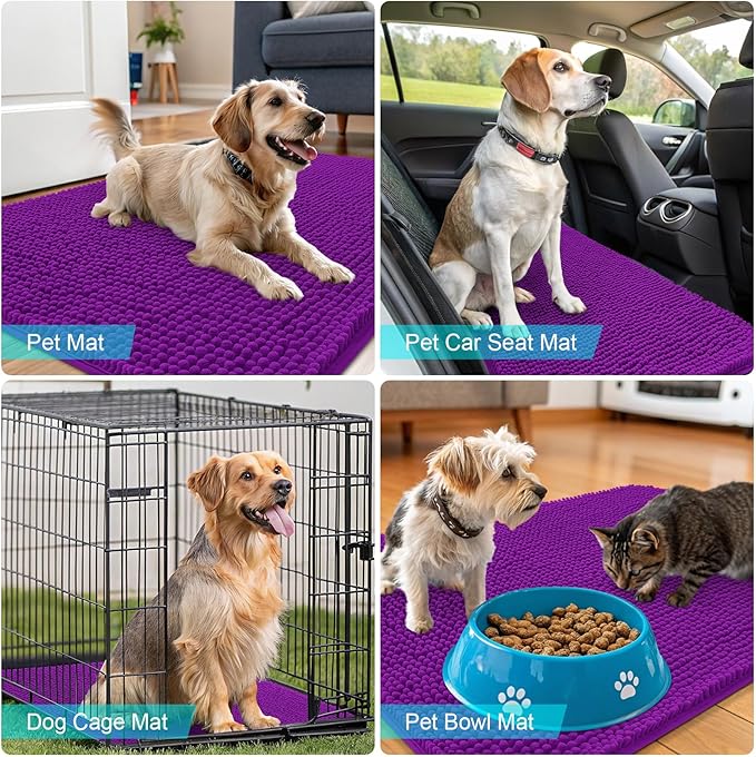 OLANLY Dog Door Mat for Muddy Paws 30x17, Absorbs Moisture and Dirt, Absorbent Non-Slip Washable Doormat, Quick Dry Chenille Mud Mat for Dogs, Entry Indoor Entryway Carpet for Inside Floor, Purple
