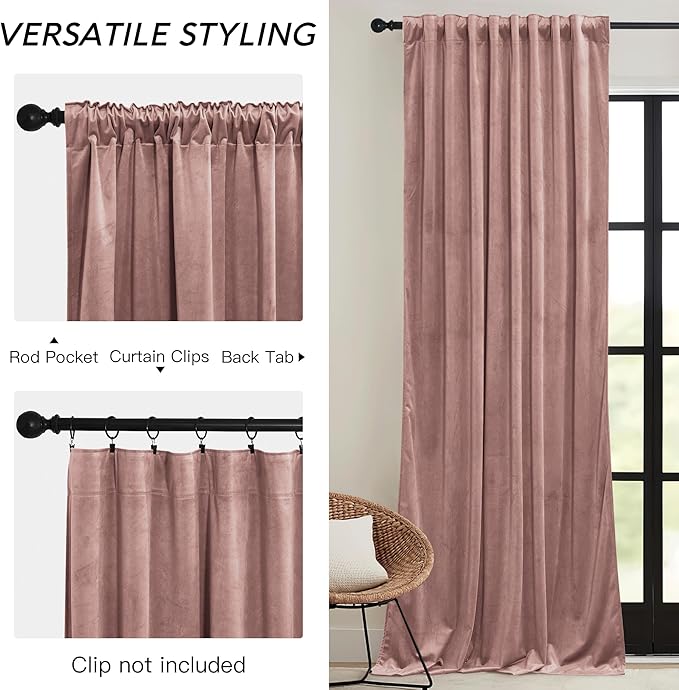 RYB HOME Dusty Pink Velvet Curtains 72 inches with Hook Belt, Soft Fabric Room Darkening Thermal Insulated Luxurious Home Decor Curtains for Living Room Bedroom, W 52" x L 72", 2 Panels Set