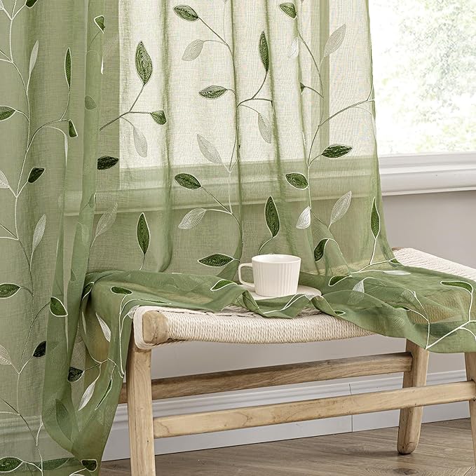 MIULEE Sage Green Sheer Curtains 2 Panels Embroidered Leaf Patterned Rod Pocket Floral Semi Sheer Faux Linen Window Curtains Drapes Set for Living Room Bedroom Dining Room, 52x63 Inches Length