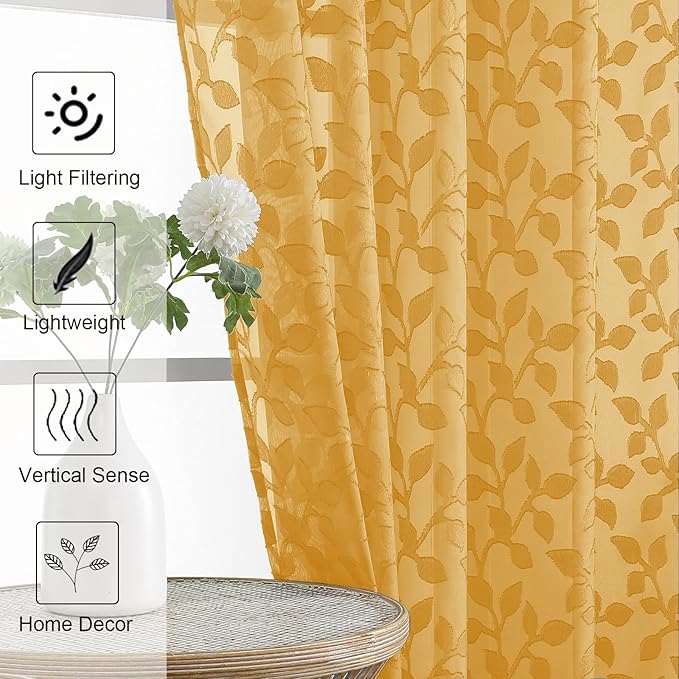 Chyhomenyc Extra Long Gold Sheer Curtains 108 Inch Length 2 Panels Set, Light Filtering Tufted Textured Soft Airy Rod Pocket Gentle Leaf Window Treatment Drapes for Living Room, 52" Wx108 L, 2PCS
