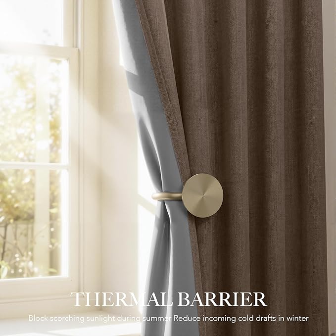 RYB HOME 100% Blackout Linen Textured Curtains 84 inches Long, Thermal Insulating Privacy Energy Saving for Bedroom Living Room Window Office Theater Dining Nursery, W 52 x L 84 in, Coffee, 2 Panels