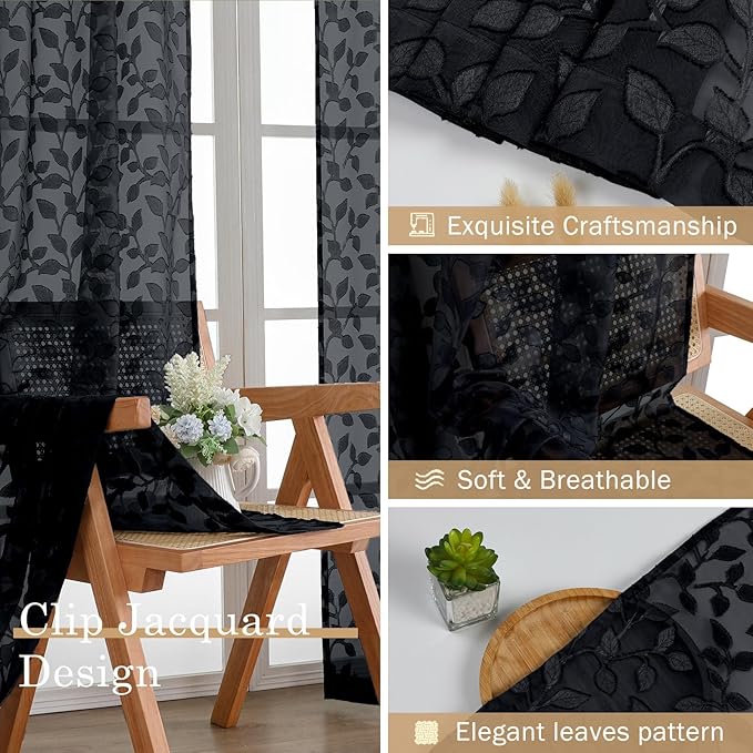 Chyhomenyc Black Sheer Valances for Windows 14 Inch Length 2 Pcs, Light Filtering Leaf Textured Cafe Short Kitchen Curtains, Top Small Curtain for Living Room Bedroom Basement, 42" W x 14" L