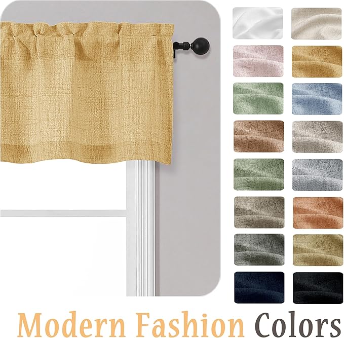 OWENIE Gold Valances for Windows 1 Pcs, Light Filtering Textured Farmhouse Short Small Valance Curtains for Bathroom Basement Living Room Bedroom, Rod Pocket Half Curtains Over Sink, 52Wx14L Inch