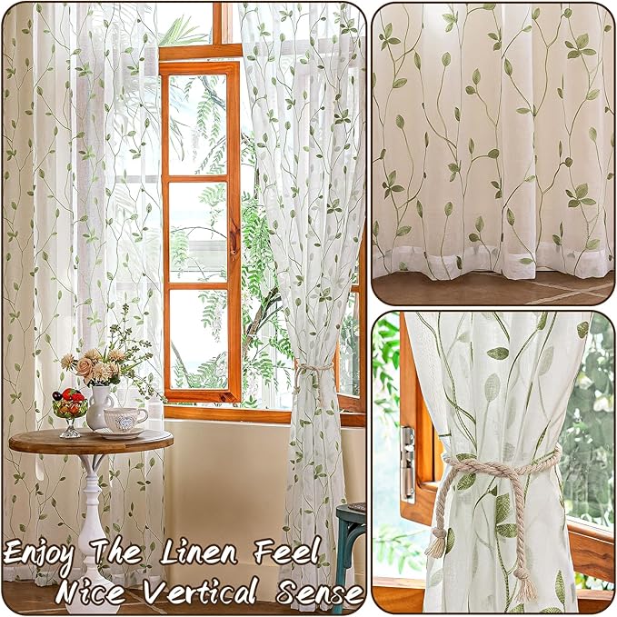 AmHoo 2 Panels Embroidered Leaf Pattern Semi Sheer Curtains Foliage Floral Voile Window Draperies Treatment for Bedroom Living Room Rod Pocket White Light Green 53 x 63 Inch