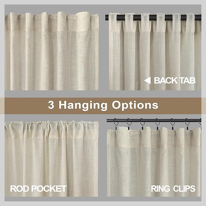 Beige Curtains 63 Inch Length for Bedroom Set of 2 Panels Back Tab Rod Pocket Sheer Linen Light Filter Neutral Rustic Farmhouse Curtains for Dining Room Bay Picture Window Country Decor 52x63 Long Tan