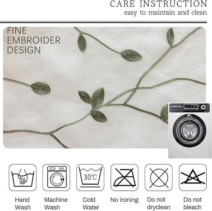 AmHoo 2 Panels Embroidered Leaf Pattern Semi Sheer Curtains Foliage Floral Voile Window Draperies Treatment for Bedroom Living Room Rod Pocket White Sage Green 53 x 63 Inch