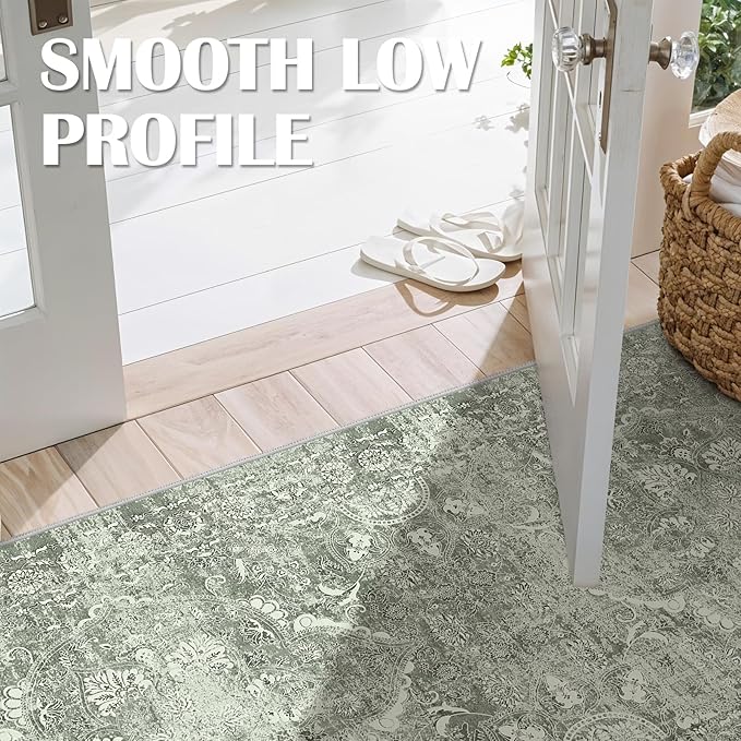 4x8 Washable Hallway Runner Rug - Wide Kitchen Runners Vintage Low Pile Carpet Soft Thin Floor Runner with Rubber Backing for Entryway Bedroom Living Room Home Decor (Muted Sage Green)