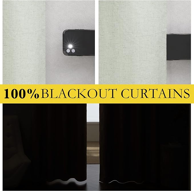NICETOWN 100% Blackout Sage Green Linen Cold Blocking Curtains 90 inches Length with Thermal Insulated Liners, 2 Panels, 52 inches W, Farmhouse Style Room Warming Small Window Drapes for Dining Room
