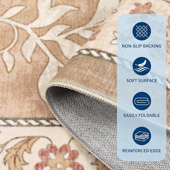GarveeHome Provence 2x6 Washable Kitchen Runner Rugs Non Slip Vintage Boho Cottage Long Rug for Hallways Bedroom Entryway Bathroom Mat with Rubber Back Pinkish Brown