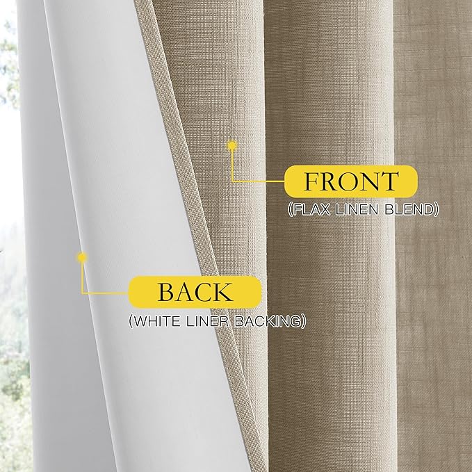 NICETOWN Taupe 100% Blackout Linen Curtains 84 inch Long Burg, Farmhouse Thick Completely Blackout Window Treatment Panels Thermal Insulated Drapes for Living Room (1 Pair, 52" Width Each Panel)