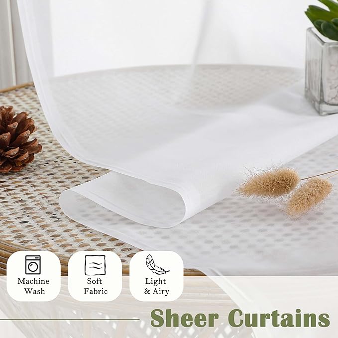 Lecloud White Sheer Curtains 102 Inches Long 2 Pcs, Light Filtering Living Room Curtains for Bedroom, Rod Pockets Voile Drapes for Dining Room Yard Patio Sliding Door, Each Panel 59" W x 102" L