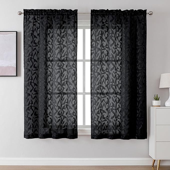 Lecloud Leia Black Sheer Curtains for Living Room 63 Inch Length 2 Pcs, Voile Jacquard Leaf Textured Vintage Bedroom Curtains, Modern Farmhouse Decor Rod Pockets Drapes, Each Panel 42" W x 63" L