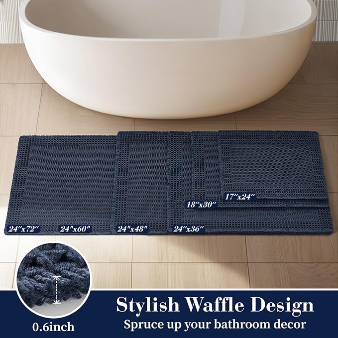 RESARE Waffle Bathroom Runner Rugs, Super Absorbent Bath Mat Non Slip Washable Quick Dry, Upgraded Ultra Soft Boho Bath Rugs with Tassels for Hallway Bedroom Laundry Room, 2'x6'(24"x72"), Navy