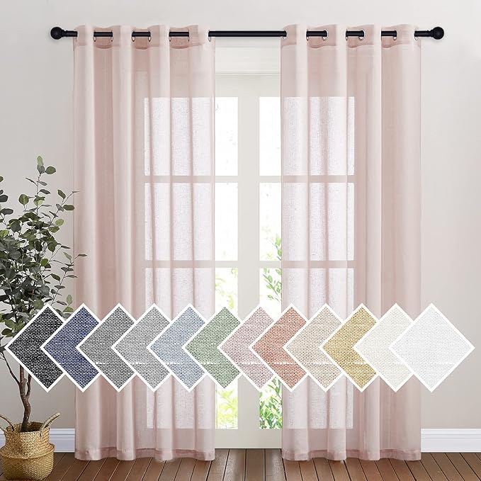 NICETOWN Semi Sheer Linen Pink Curtains for Girls Bedroom, Grommet Top Casual 84" Long Thick Semitransparent Flax Sheer Window Treatment Privacy for Nursery, 1 Panel = 52" W, 2 Panels, Dusty Blush