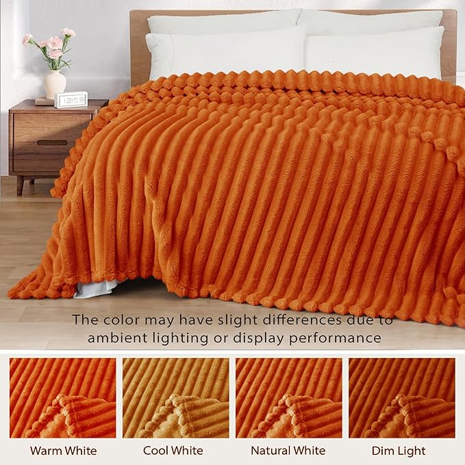 Exclusivo Mezcla Twin Size Flannel Fleece Blanket, Super Soft Striped Jacquard Bed Blanket, Lightweight Fuzzy Cozy for All Seasons, 60x80 Inches, Burnt Orange