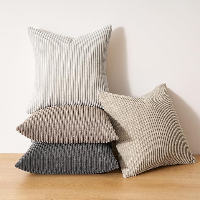 Topfinel 4 Packs Natural Decorative Throw Pillows Covers 20x20 Inch for Living Room Couch Bed Sofa, Rustic Farmhouse Boho Neutral Home Decor, Soft Plush Striped Corduroy Square Cushion Case 50x50 cm