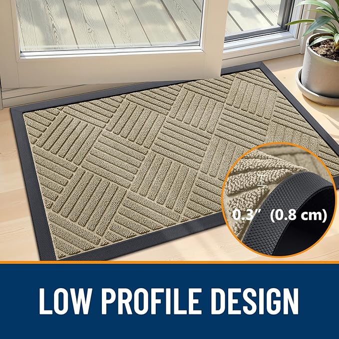 OLANLY Front Door Mat Outside Entrance 47x23, Absorbent, Heavy Duty Sturdy Natural Rubber Doormat Indoor Outdoor, Stain and Fade Resistant, Non-Slip Low Profile Floor Mat for Entryway, Beige Diamond