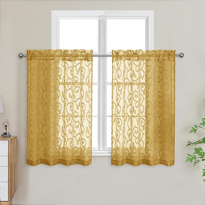 OWENIE Furman Gold Kitchen Curtains Tiers 36 inch Length, Light Filtering Soft Short Cafe Curtains Tier for Living Room Bedroom Small Windows Half Curtain, 2 Pcs, Each 40Wx36L inch
