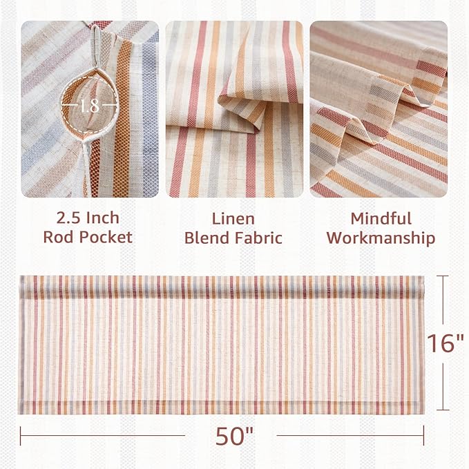 jinchan Valance Curtain Linen Textured Striped Window Curtain for Living Room Light Filtering Farmhouse Valance for Kitchen Rod Pocket 1 Panel 16 Inch Multi Red on Linen