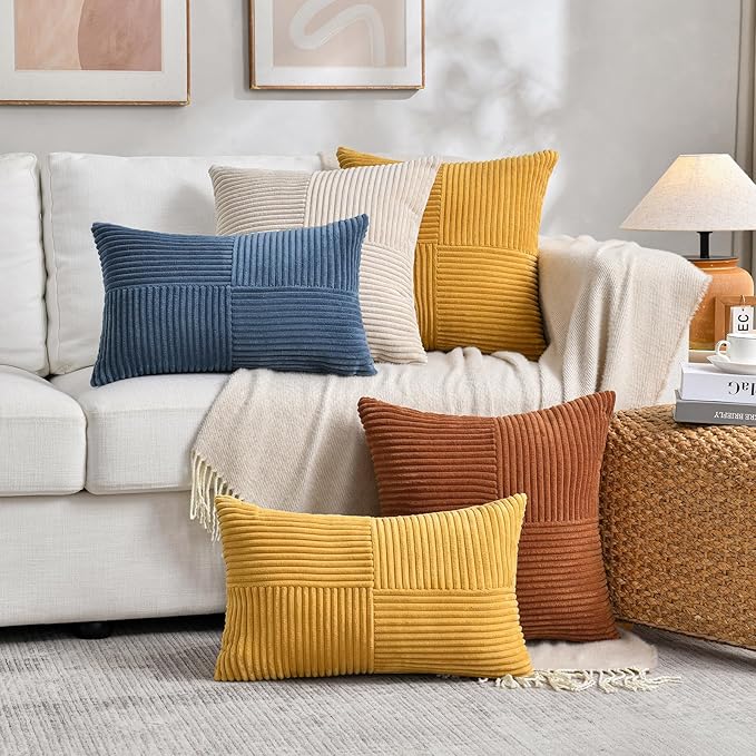 Fancy Homi 2 Packs Rust Decorative Throw Pillow Covers 22x22 Inch for Living Room Couch Bed, Rustic Farmhouse Boho Home Decor, Soft Corss Corduroy Patchwork Terracotta Square Cushion Case 55x55 cm