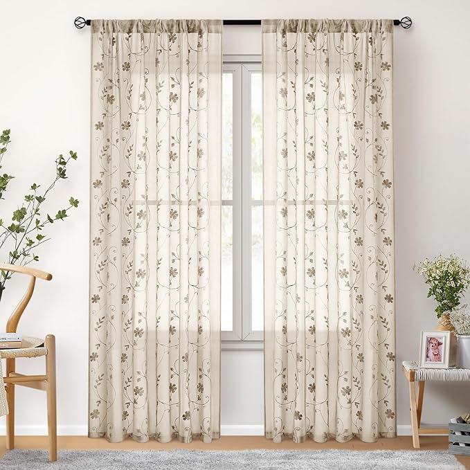 HOMEIDEAS Taupe Sheer Curtains 96 Inches Long 2 Panels Beige Embroidered Floral Pattern Semi Sheer Window Curtains for Bedroom Living Room
