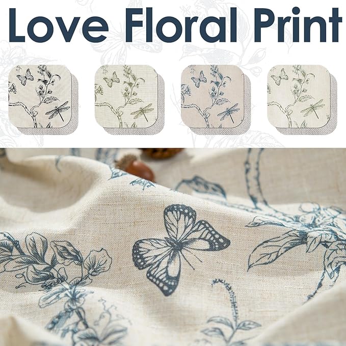jinchan Floral Curtain Valance for Windows 16 Inch Linen Valance for Kitchen Living Room Rustic Cottage Farmhouse Flower Butterfly Curtain Rod Pocket 1 Panel Double Layer Blackout Blue on Beige