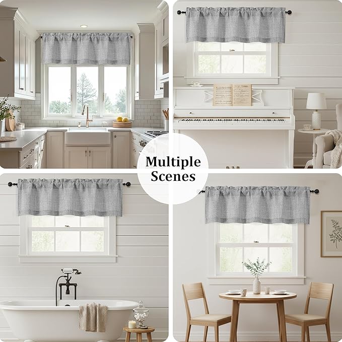 OWENIE Grey Valances for Windows 1 Pcs, Light Filtering Textured Farmhouse Short Small Valance Curtains for Bathroom Basement Living Room Bedroom, Rod Pocket Half Curtains Over Sink, 52Wx14L Inch