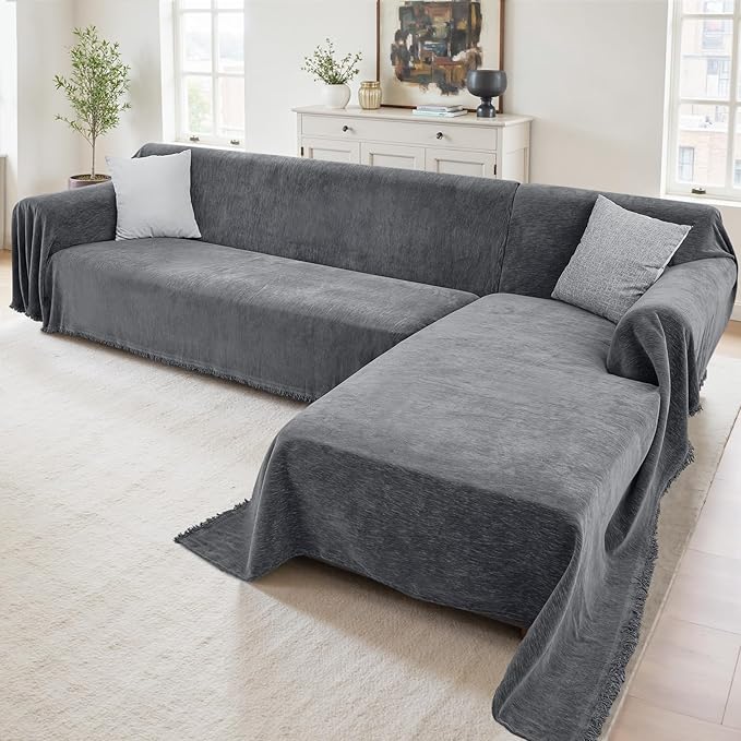 Sectional Couch Covers, 2 Pieces Washable L Shaped Couch Covers Sofa Blanket for Dogs Pet Friendly Sectional Sofa Slipcovers Furniture Covers,71"x 102"+ 71"x 110",(Large,Dark Gray)