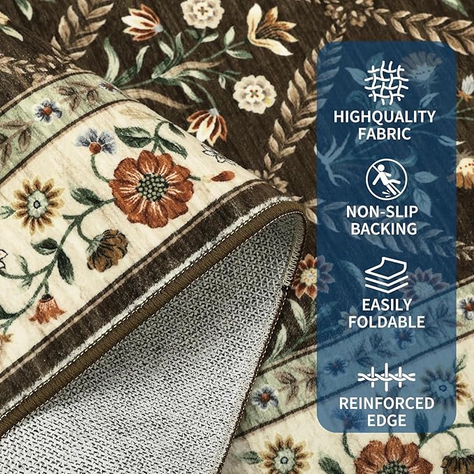 GarveeHome Living Room Rug 5x7 Rug Machine Washable Stain Resistant Area Rug Non Slip Floral Vintage Low Pile Rugs for Living Room, Bedroom, Farmhouse, Dining Room, Kids PlayroomBrown Natural