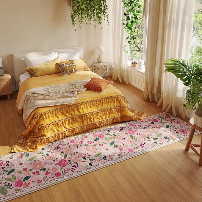 Rugcomf Runners for Hallways Kitchen Runner Rug Non Slip 2'x 10' Long Washable Rugs with Rubber Backing Soft Floral Carpet Runner for Hallways, Kitchen, Laundry, Bedroom, Bathroom(Pink)