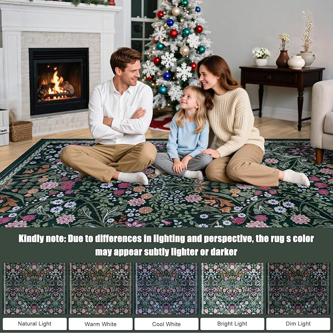 8x10 Area Rugs for Living Room: Floral Washable Rug Vintage Large Soft Boho Non-Slip Carpet Indoor Floor Stain Resistant Carpets for Bedroom Dining Room Farmhouse Nursery Home Office Dark Green