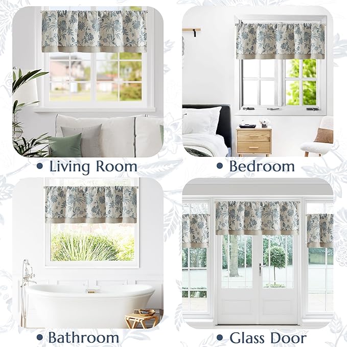 jinchan Floral Valance Curtain Linen Kitchen Valance for Windows 16 Inch Farmhouse Light Filtering Floral Short Window Treatment for Living Room 1 Panel Rod Pocket Double Layer Blue on Beige