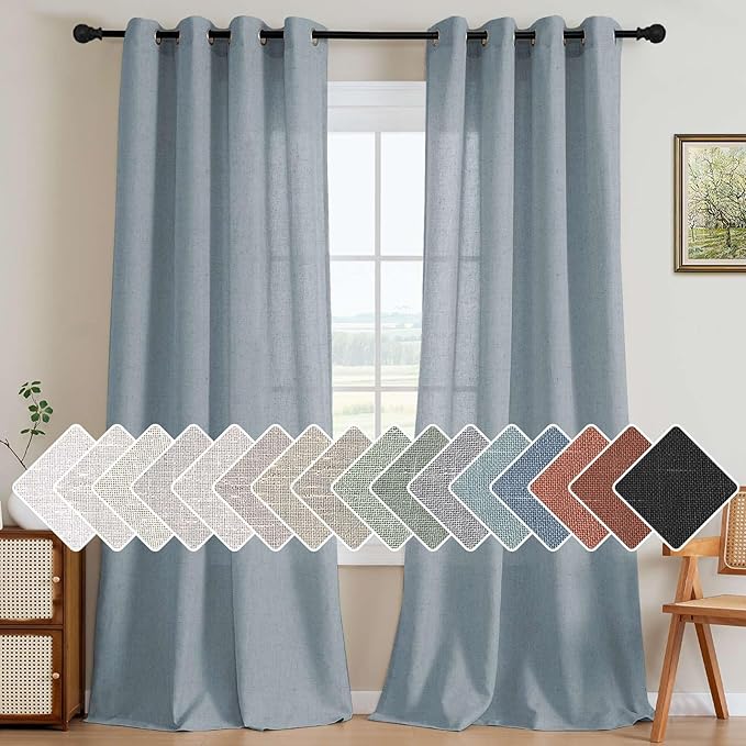 H.VERSAILTEX Linen Curtains Nickel Grommet Semi Sheer Curtains Privacy Added Energy Saving Light Filtering Window Treatments Draperies for Bedroom, Stone Blue, 2 Panels, 52 x 108 - Inch