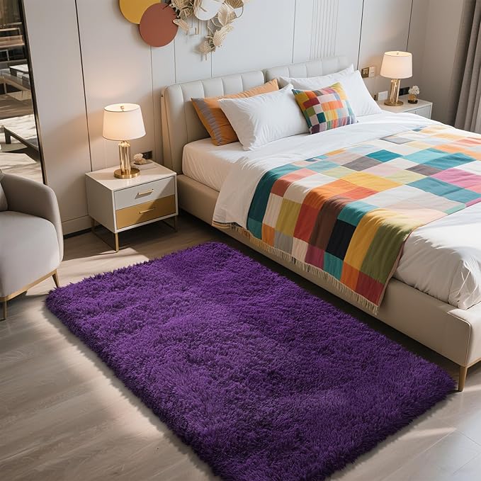 Shag Area Rug for Bedroom 3x5,Purple Fluffy Area Rugs for Living Room,Soft Fuzzy Rug Non-Shedding Indoor Plush Carpet for Kids Bedroom Nursery Dorm Home Decor