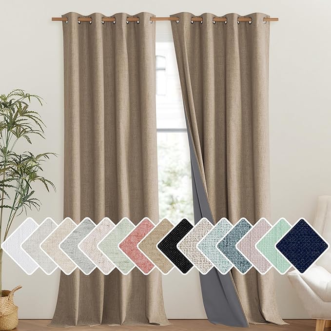 NICETOWN Burlap Vintage Open Linen Weave Flax Thermal Curtains, 100% Blackout Curtains 102" Long for Dining Room, Soundproof Window Treatment Drapes for Hall Room, 52" Wide Per Panel, Set of 2