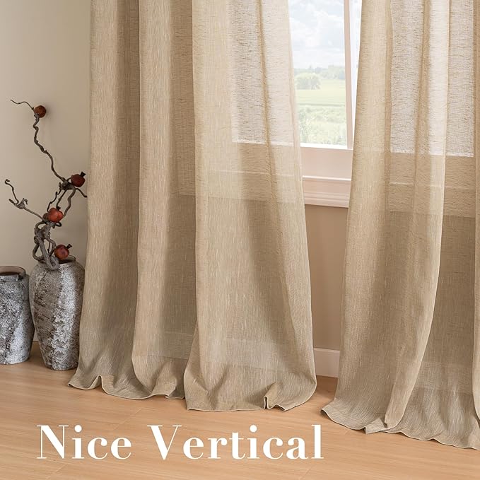 H.VERSAILTEX Linen Curtains Flax Linen Blended Curtain Panels for Living Room/Bedroom Semi Sheer Privacy Curtains 96 inch Length 2 Panels Set Nickel Grommet Window Drapes, Taffy