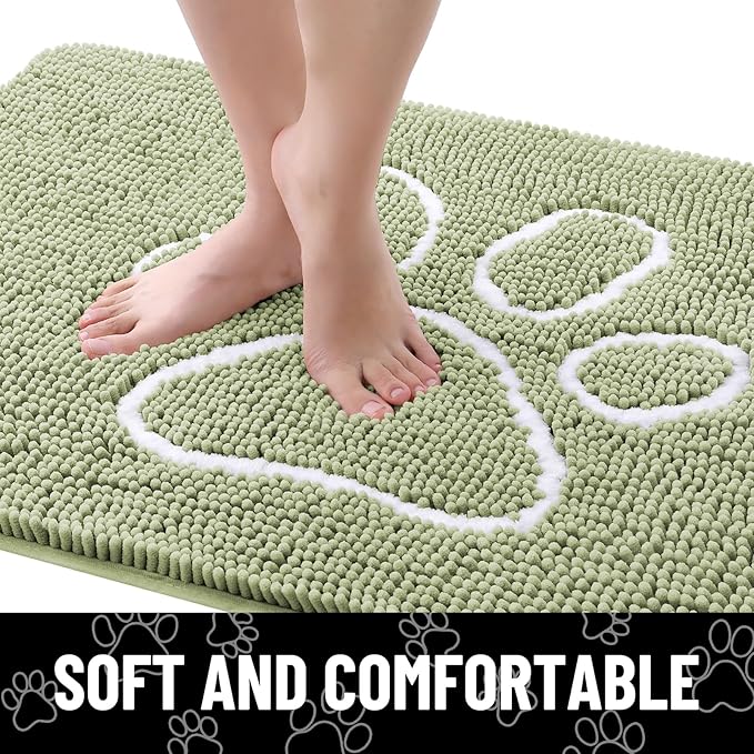 Smiry Dog Door Mat for Muddy Paws, Absorbent Dirt Trapper Non Slip Quick Dry Washable Chenille Mat for Mud Dogs, Entry Rug for Indoor and Outdoor (59x35 Inches, Sage Green and White)
