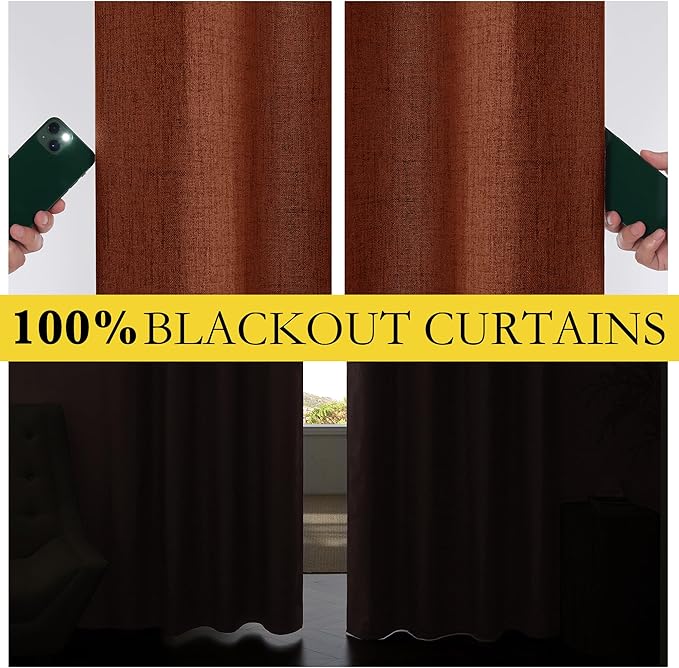 NICETOWN 100% Absolutely Blackout Linen Curtains with Thermal Insulated Liner, 42" Wide, 2 Panels, 54" Long Drapes, Grommet Retro Burnt Orange Linen Curtains Vertical Drapes Privacy for Kitchen