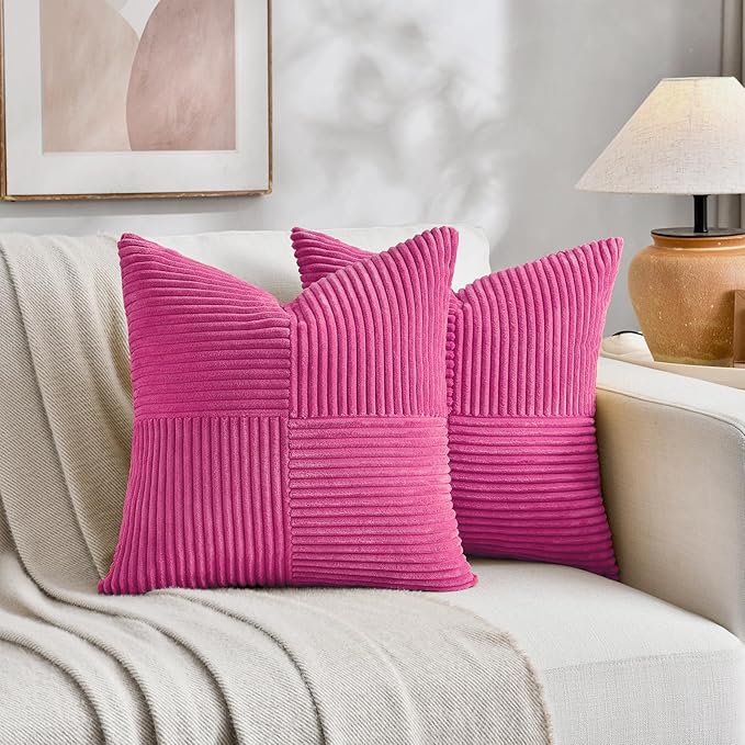 Fancy Homi 2 Packs Hot Pink Decorative Throw Pillow Covers 20x20 Inch for Living Room Couch Bed Sofa, Rustic Farmhouse Boho Home Decor, Soft Corss Corduroy Patchwork Accent Cushion Case 50x50 cm