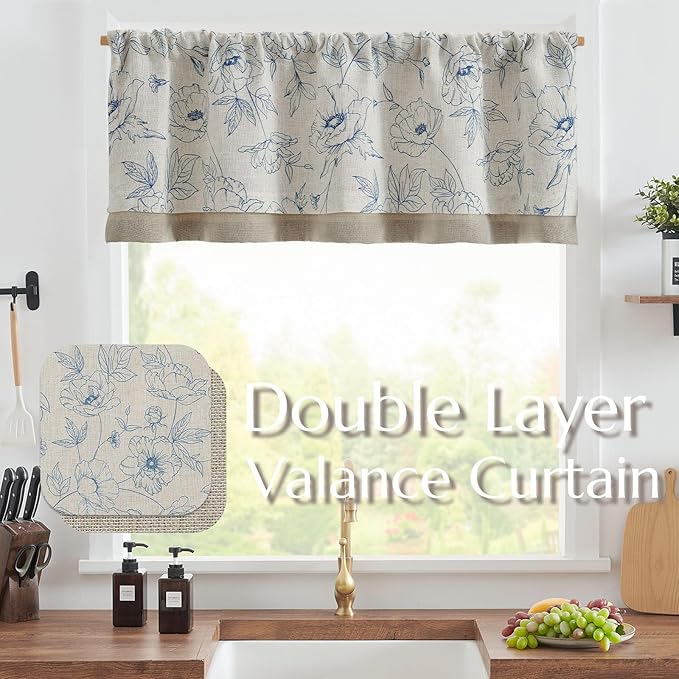 jinchan Linen Floral Valance Curtain for Kitchen Blue Flower on Beige for Windows Room Darkening Farmhouse Valance Double Layer Window Treatment Decoration 1 Panel Rod Pocket 16 Inch