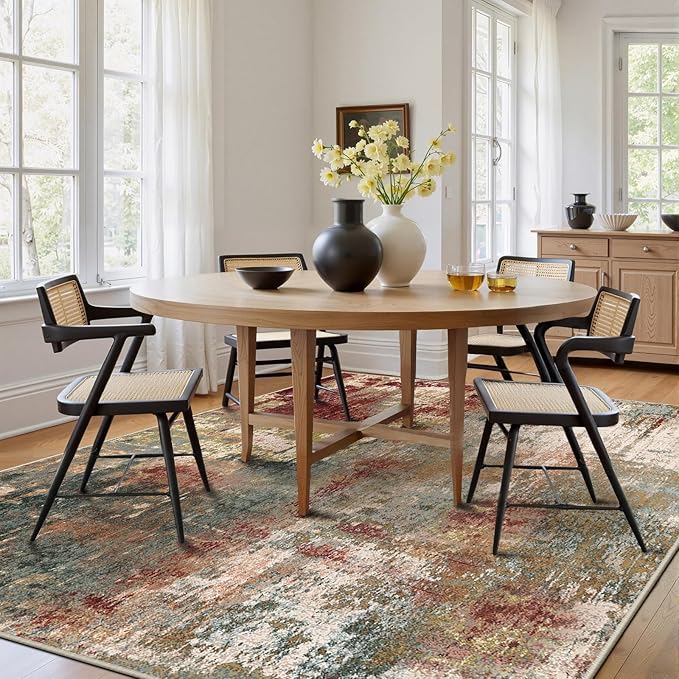 Washable Area Rugs 8'x10' Non-Slip Modern Abstract Soft for Living Room Entryway Bedroom Nursery, Print Pattern, Brown Rust Red Green Blue Multi