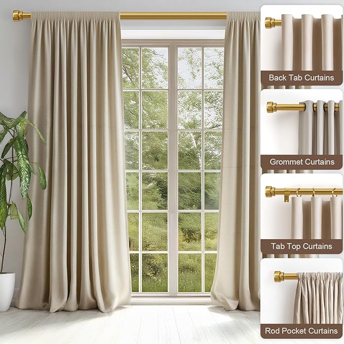 Lootkell 2 Pack Gold Curtain Rods Set for Windows 28 to 48 Heavy Duty 1" Diameter Adjustable Window Single Rods with Solid Metal Finials for Bedroom Living Room Kitchen Farmhouse