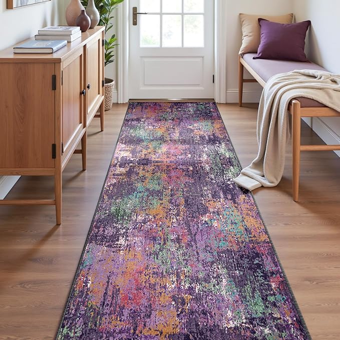 Washable Area Rugs 2'x8' Non-Slip Modern Abstract Soft for Living Room Entryway Bedroom Nursery, Print Pattern, Purple Orange Blue Green Rust Red Colorful