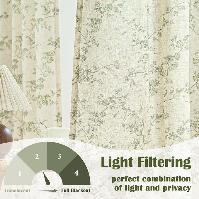 Lazzzy 90 inch Long Curtain for Bedroom Green Floral Linen Drapes for Living Room Farmhouse Country Vintage Light Filtering Curtains Rod Pocket Back Tab, 2 Panels, Green on Beige