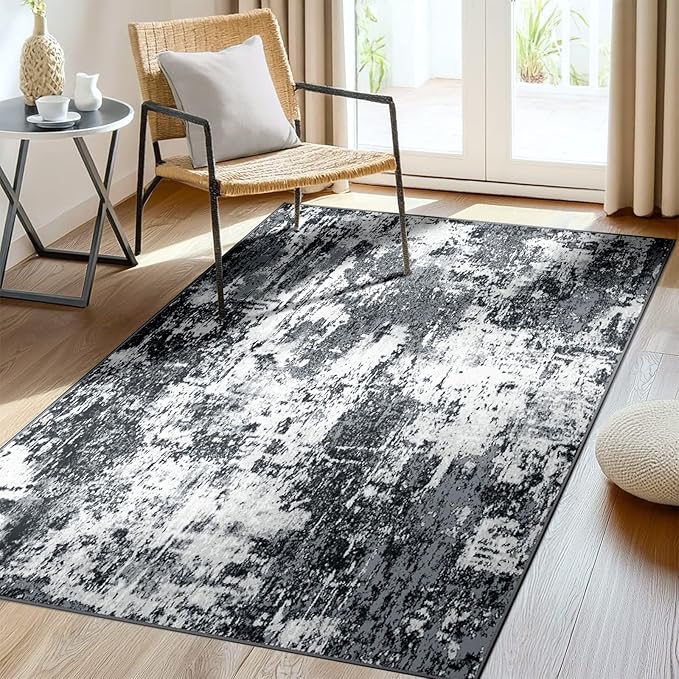 Washable Area Rugs 4'x6' Non-Slip Modern Abstract Soft for Living Room Entryway Bedroom Nursery, Print Pattern, Black Navy Blue Gray